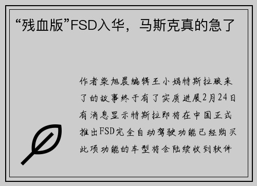 “残血版”FSD入华,马斯克真的急了