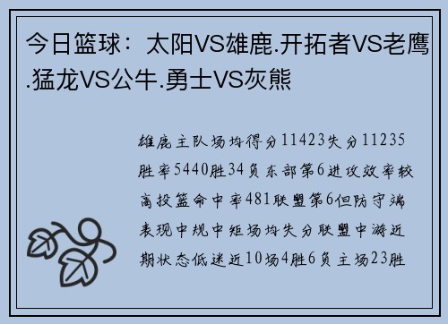 今日篮球：太阳VS雄鹿.开拓者VS老鹰.猛龙VS公牛.勇士VS灰熊