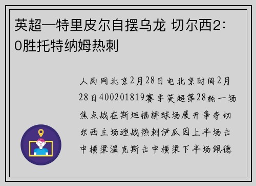 英超—特里皮尔自摆乌龙 切尔西2:0胜托特纳姆热刺