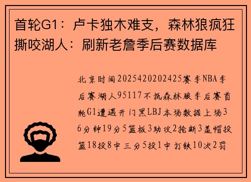 首轮G1：卢卡独木难支，森林狼疯狂撕咬湖人：刷新老詹季后赛数据库